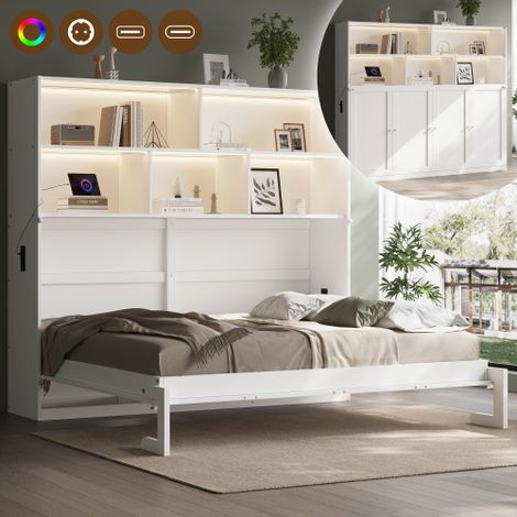 Lit escamotable 1 place 90x200 cm,gain de place,rangements latéraux,LED pilotée par application,USB,USB-C et prise,bois,blanc (1/5)