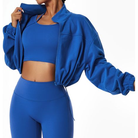 Veste courte de yoga et de course à pied, ample, manches longues, fermeture éclair intégrale, col montant, couleur unie, bleu, taille S. Vêtement de sport pour femme. (1/4)