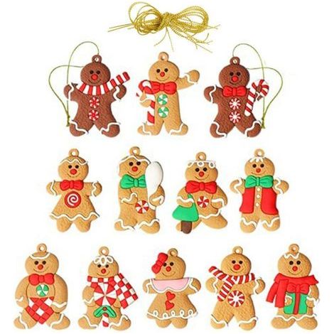 Zwölf Lebkuchenmännchen als Weihnachtsdekoration mit Geschenkbändern (1/2)