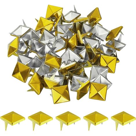 50Pcs Rivet Pyramide Carrée, 12mm Clous à Deux Griffes, Clou Punk Rock Cuivré pour Vêtements, Sacs, Chaussures en Cuir (Doré) (1/5)