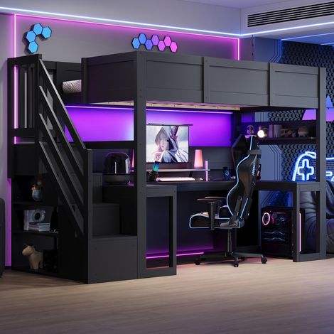 Letto a soppalco gaming 90x200 cm con scrivania, scala contenitore, LED e USB nero DESVIAE (1/5)