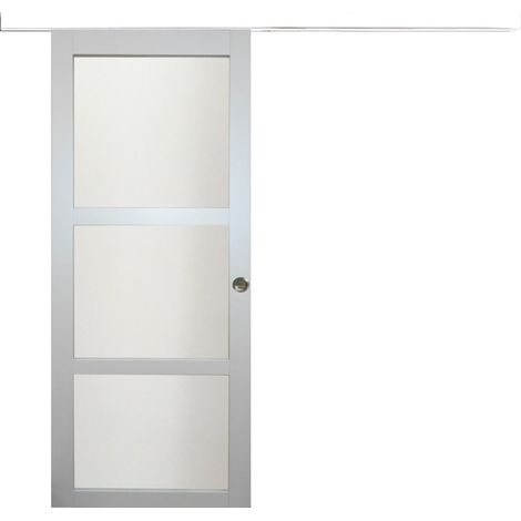 Puerta corredera Greyria gris claro con cristal H204 x L93 cm, riel de aluminio con banda blanca, conchas de GD MENUISERIES