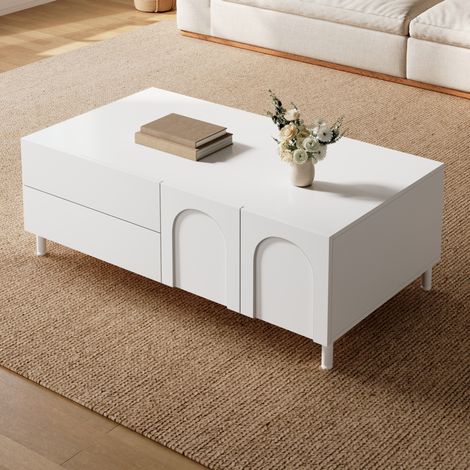 Tavolino rettangolare 100x50 cm con 2 cassetti e 2 ante, contenitore chiuso per soggiorno, in MDF bianco e truciolato (1/5)