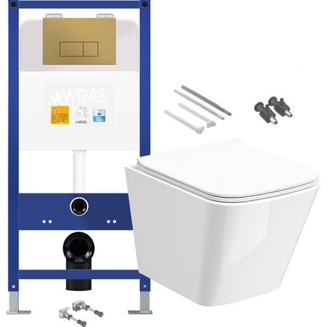 Gloss White Rimless Compact Square Wall Hung Toilet with 1.10m Concealed Cistern Frame Set - Brushed Gold Plate
