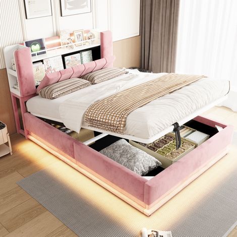Cama con arcón 140x200 cm de MDF, metal y terciopelo rosa con LED y USB sin colchón – MEUBLIV (1/5)