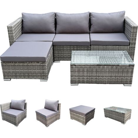 Svita – Ensemble de salon de jardin 5 pièces en polyrotin gris – 2 éléments d'angle et 1 central – Table basse avec plateau en verre – Coussins confortables 8 cm