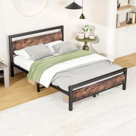 Cadre de lit 140x190 cm en métal et bois – lit simple stable avec sommier à lattes et espace de rangement, lit d'appoint/lit enfant (1/4)
