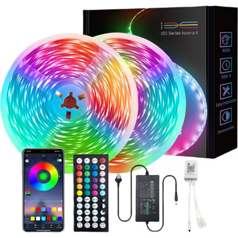 20M Ruban LED Intelligent 5050 RVB Contrôle Vocal Rythme Musical Bluetooth 44 Touches Set Décoration- Norme Européenne - 30 Lumières - 44 Touches Infrarouge + Bluetooth  [10 mètres  2 rouleaux] (1/5)
