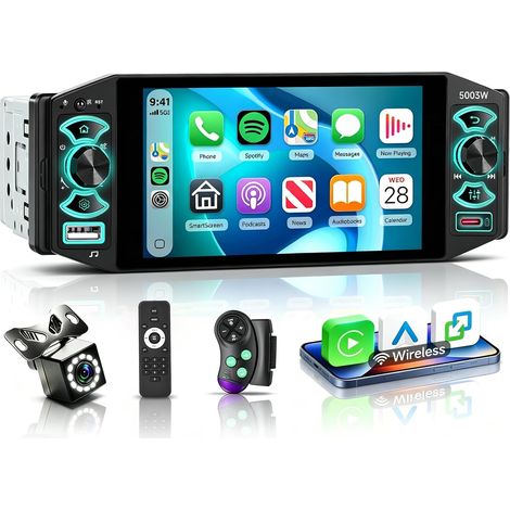 Autoradio 1 Din sans Fil, IPS Écran Tactile de 5 Pouces 1 Din Bluetooth Poste Radio avec Radio AM/FM/RDS, EQ, SWC, Mirror Link, USB/Type-C, Rétroéclairage Coloré+ Caméra (1/5)