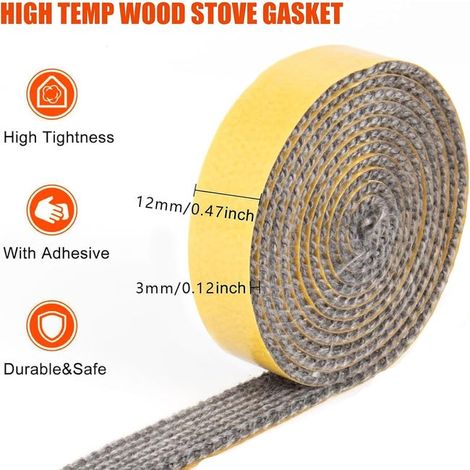 Nastro sigillante - Guarnizione per stufa - Guarnizione per riscaldamento - Guarnizione per stufa a legna - Guarnizione in fibra di vetro 3 mm x 12 mm x 2 m (1/4)
