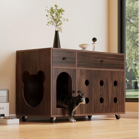 Mueble para arenero de gato con cajones, 100 x 45 x 66 cm, nogal HAVRYA (1/5)