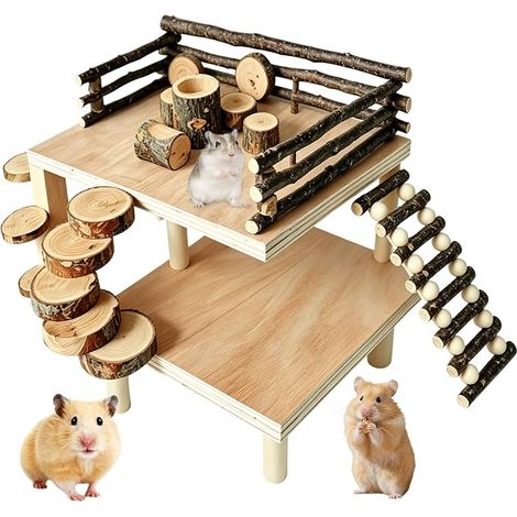 échelle d'escalade en Bois de Hamster, Plateforme avec Rampe Clôture et Cachette Hamster Accessoire Aire de Jeux pour Gerbille Rat Souris écureuil Petits Animaux Jouet en Bois pour Cage Hamster