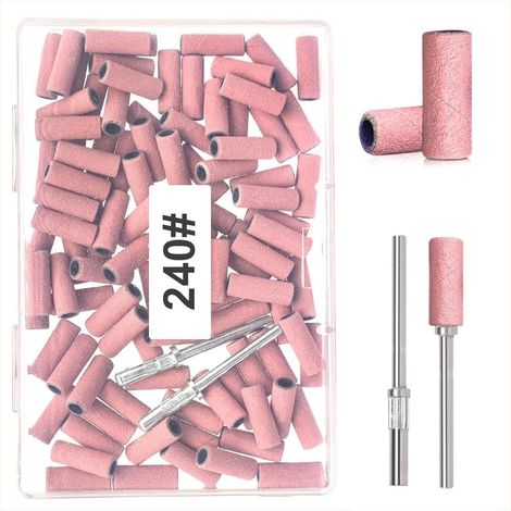 BLESWIN Lot de 100 petites bandes abrasives pour ponceuse à ongles, grain fin 240 avec 2 forets de 3 mm, bandes abrasives mini pour polir les ongles naturels et nettoyer les cuticules.