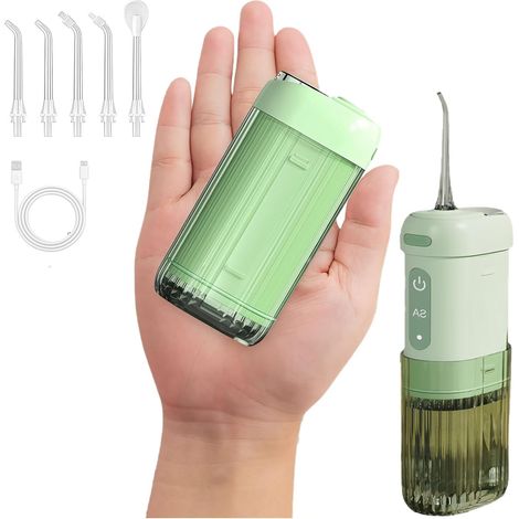 Réservoir d'eau télescopique de 200 ml - Hydropulseur sans fil - 4 modes de fonctionnement et 5 accessoires - Étanchéité IPX7 - Hydropulseur buccal rechargeable - Vert (1/5)
