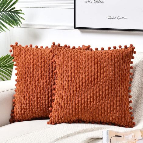 2X Coussin déhoussable Orange Velours côtelé avec pompons Coussin déhoussable 45 x 45 cm