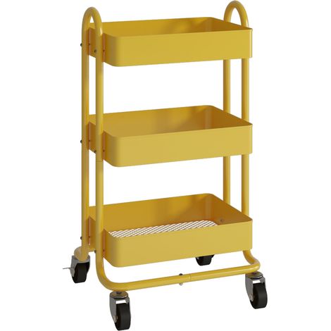 Chariot de service desserte cuisine salon meuble de rangement à roues 3 paniers acier 78,5 x 46 x 35 cm jaune (1/3)
