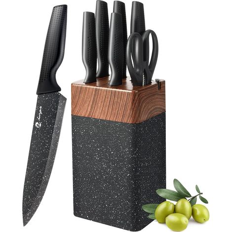 7 Piece Kitchen Knife Block with Built-In Sharpener, Ultra Sharp Stainless Steel Knives and Anti-Corrosion Plastic Holder, Set Including Chef, Bread Knife, Office (1/5)