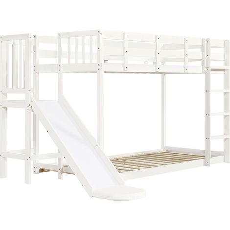 Litera infantil con tobogán, escalera y barandillas, MDF y pino, blanca, 90 x 200 cm (1/5)