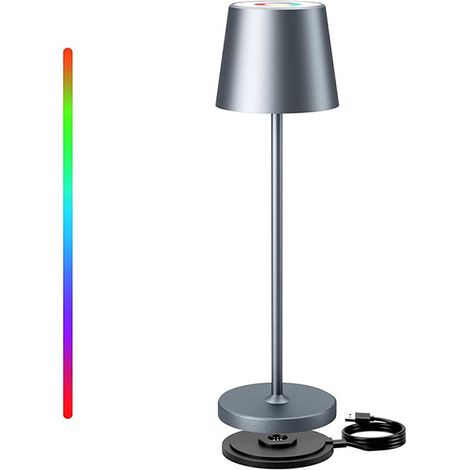 Lampe de table LED sans fil, lampe décorative d'ambiance blanc chaud et RVB, lampe de bureau rechargeable à intensité variable, étanche IP54 (gris) (1/5)