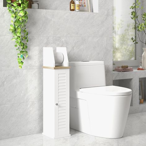 Porte-rouleau toilette mural blanc 18x20x80 cm avec tablette réglable et meuble de rangement, gain d'espace pour salle de bains (1/5)