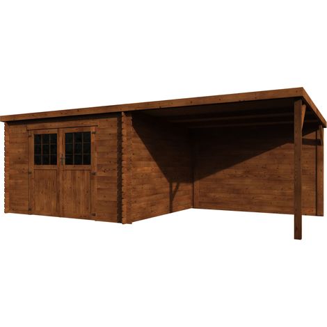 Décor Et Jardin – Abri de jardin bois traité autoclave 605x298 cm – Surface utile 8,16 m² – Épaisseur madriers 28 mm – Double porte vitrée avec serrure (1/2)