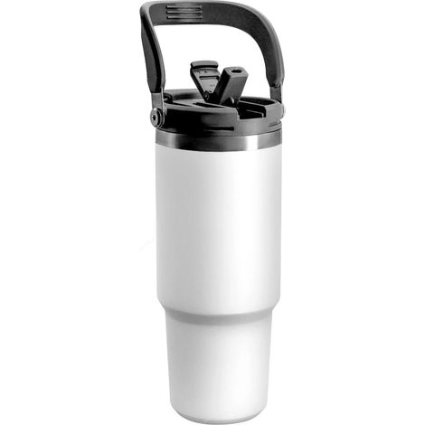 (Blanc, 1050 ml) Bouteille d'eau isotherme à double paroi en acier inoxydable avec poignée et paille, adaptée aux boissons chaudes et froides. (1/5)