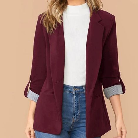 Veste tailleur femme, col rabattu, manches 3/4, coupe ouverte, rouge bordeaux, taille S (1/3)