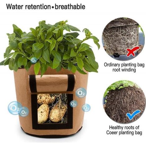 3 pcs Marron Sac de Plantation 7 Gallons Sac de Legumes Chambre de culture Sac de Culture de Pommes de Terre Tissu Non-tissé (1/4)