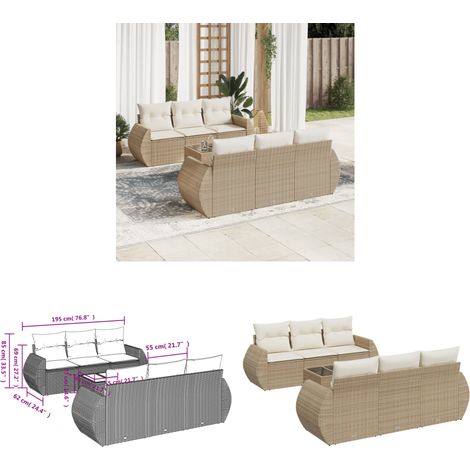 7-tlg. Garten-Sofagarnitur mit Kissen Beige Poly Rattan - Gartenmöbel Set - PE-Rattan Möbel - Outdoor Sofa - Esstisch - Lounge Garnitur - Home & Living (1/3)