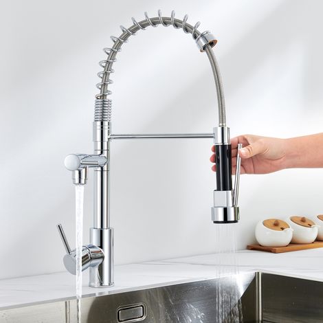 Rubinetto Cucina ad alta pressione con Doccetta Estraibile con Molla Miscelatore Monocomando Lavello Acqua Fredda e Calda Cromato (1/5)