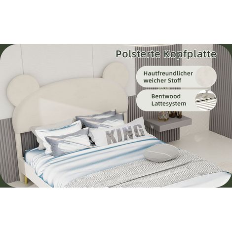 Lit rembourré minimaliste moderne avec tête de lit moelleuse à motif cartoon, 140x200 cm, beige, meuble de chambre multifonctionnel, base solide basse (sans rangement), matelas non inclus. (1/5)