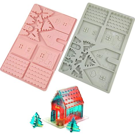 Lot de 2 Moules en silicone, Maison de Noël 3D, Résistant -40°C à 230°C, Pour gâteau et résine, Décoration festive (1/5)