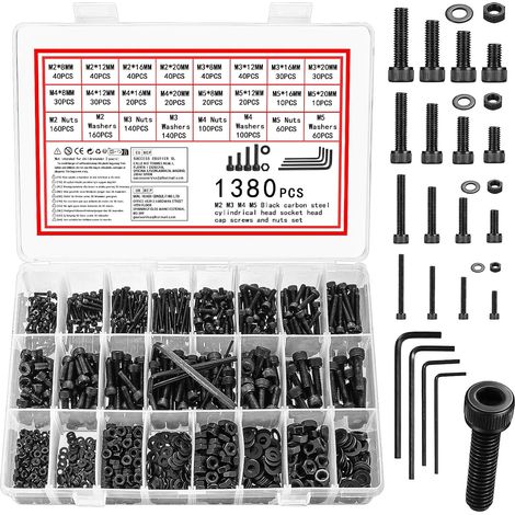 1380 Pièces Visserie, Boulons M2 M3 M4 M5, Écrous Hexagonaux, Rondelles Plates, Acier Carbone Noir, Kit Réparation (1/5)
