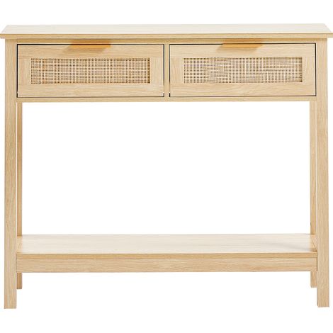 Mophorn Tavolo Consolle in Rattan con 2 Cassetti Portaoggetti, Tavolo Ingresso con Porta Scorrevole in Rattan Naturale, Tavolo Consolle Divano per Soggiorno, Studio, Ingresso o Parete TV, Naturale (1/5)
