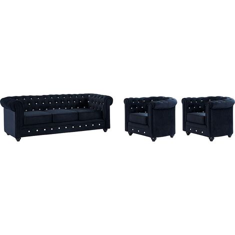 Divano 3 posti e 2 poltrone CHESTERFIELD in velluto Nero con bottoni effetto cristallo