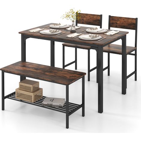 Ensemble repas 4 pièces brun rustique avec table, banc de rangement et 2 chaises pour cuisine, salle à manger et studio (1/5)