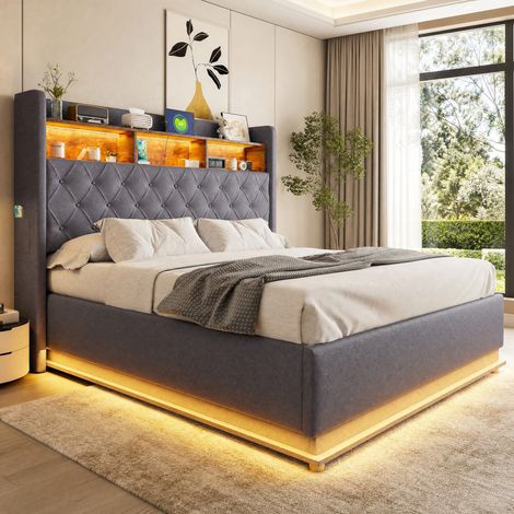 DESMIU Lit coffre 160 × 200 cm 2 places avec LED, USB et rangement hydraulique, sans matelas, gris (1/4)