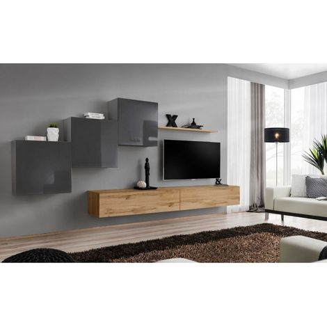 Ensemble mural - Switch X - 3 vitrines carrées - 2 bancs TV - 1 étagère - Bois et graphite - Modèle 2 - Livraison gratuite