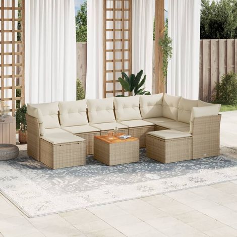 Ensemble Salon Jardin 10 Places Résine Tressée Beige avec Coussins - Table Acacia, Modulaire, Résistant aux UV (1/3)