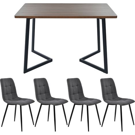 Ensemble table et chaises, 5 pièces, 1 table + 4 chaises, métal et tissu effet lin, gris foncé (1/5)