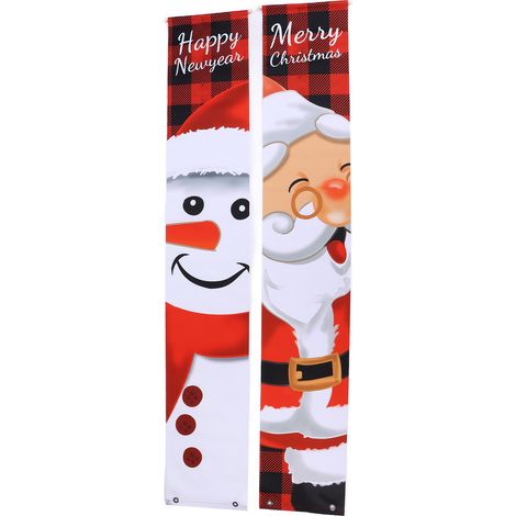 Weihnachtliche Verandadekoration: Attraktive Türdekorationen mit Schneeflocken und einem Schneemann für die Feiertage. Weihnachtsmann und Schneemann. (1/5)