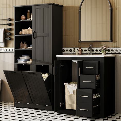 Mobile bagno con lavabo 76x46.5x85.5 cm, armadio contenitore 78x35x172 cm, laccato, ceramica e MDF, nero (1/5)