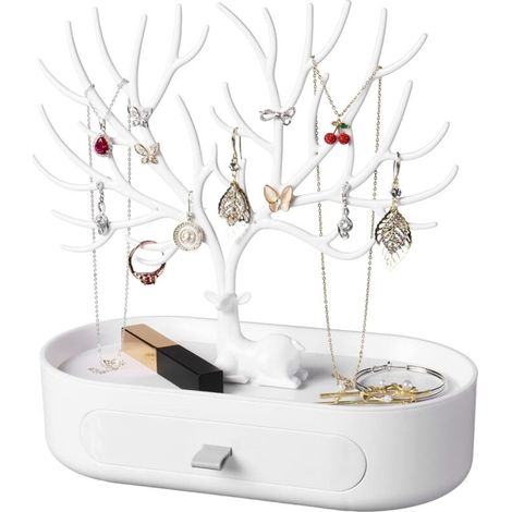 Présentoir à bijoux bois de cerf avec tiroir, coloris blanc, support pour colliers et boucles (1/5)
