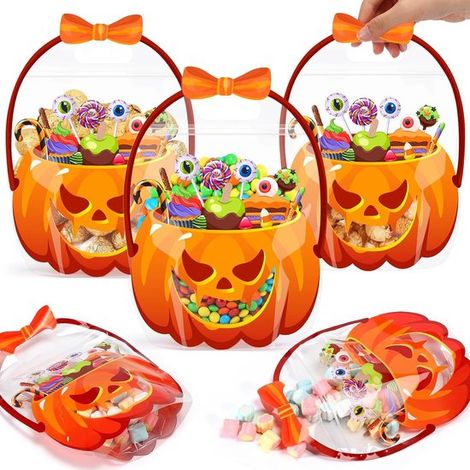 25 sachets à friandises d'Halloween - Sachets cadeaux - Sacs à bonbons - Avec poignée - Motif citrouille - Plastique - Refermables - Orange (1/5)