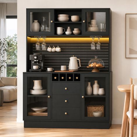 DESMIU Armoire de rangement LED avec étagères réglables, porte-verres à vin, anti-basculement pour cuisine et salon, noir, 140 × 40 × 185,7 cm (1/5)
