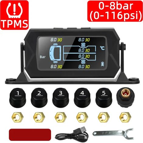 Système de surveillance de la pression des pneus (TPMS) pour camions (0-8 bar) : capteurs de pression des pneus, systèmes d'alarme et de sécurité automobile, affichage numérique, 6 s, 200 psi.