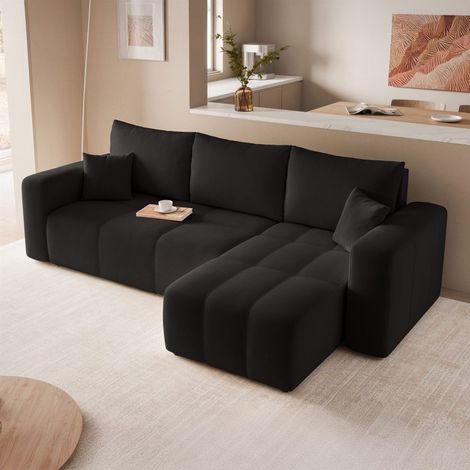 Ecksofa Schlafsofa Sofa LEROS in Stoff Manila Schwarz Ottomane Rechts