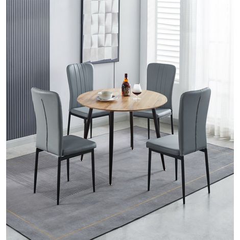 Hallowood Furniture Cullompton Small Dining Table and Chairs Set 4, Brown Oak Effect Top Round Kitchen Table and Chairs in Grey Faux Leather Upholstery and Metal Legs for Home, Office & Café (1/5)