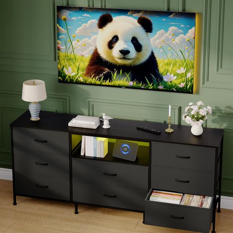 Meuble TV LED avec 8 Tiroirs, Banc TV 160 cm, Éclairage LED Intégré, Cadre Acier & Panneaux de Particules, Rangement Spacieux, Gris (1/5)
