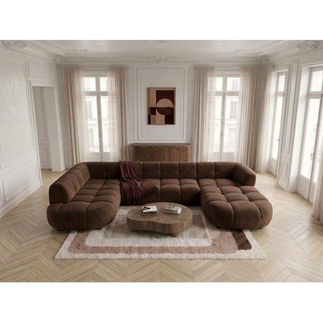 BOBOCHIC - Canapé panoramique avance-recule électrique LOVELY tissu chenille Angle gauche Marron (1/5)